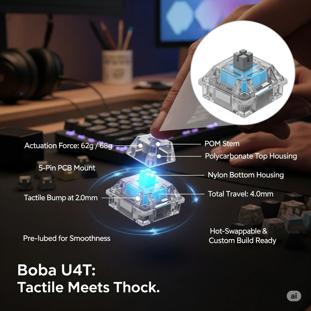 Boba U4T tactile mechanical keyboard switch with a deep thock sound, showing pre-lubed POM stem, 62g or 68g actuation force, 2mm bump, 4mm travel, and 5-pin PCB mount – ideal for custom mechanical keyboards and quiet tactile typing