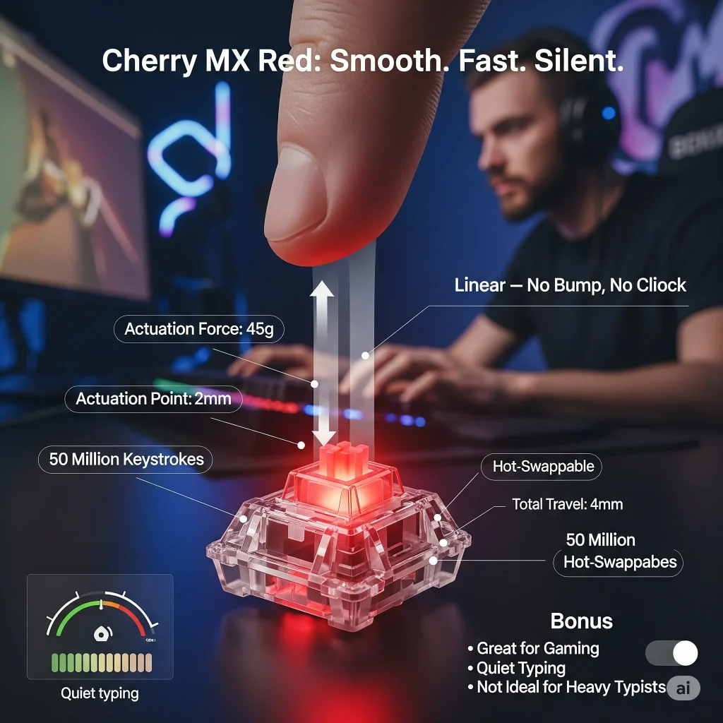 Cherry MX Red linear mechanical keyboard switch mid-press showing smooth actuation with no tactile bump, featuring 45g force, 2mm actuation point, 4mm travel distance, and hot-swappable design – ideal for gaming and quiet typing