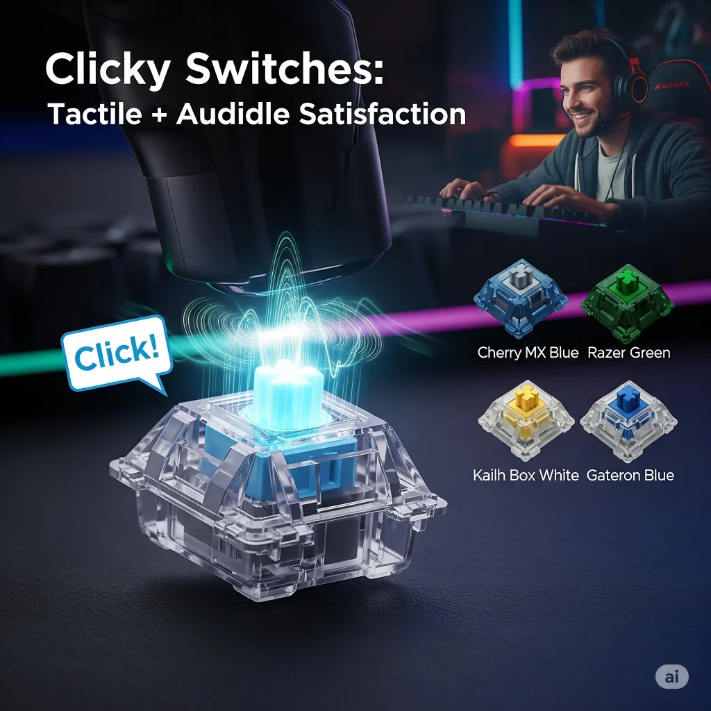 Clicky mechanical keyboard switch showing loud click feedback with Cherry MX Blue, Razer Green, Kailh Box White, and Gateron Blue switches – perfect for users who enjoy tactile feel with audible sound, though not ideal for quiet spaces