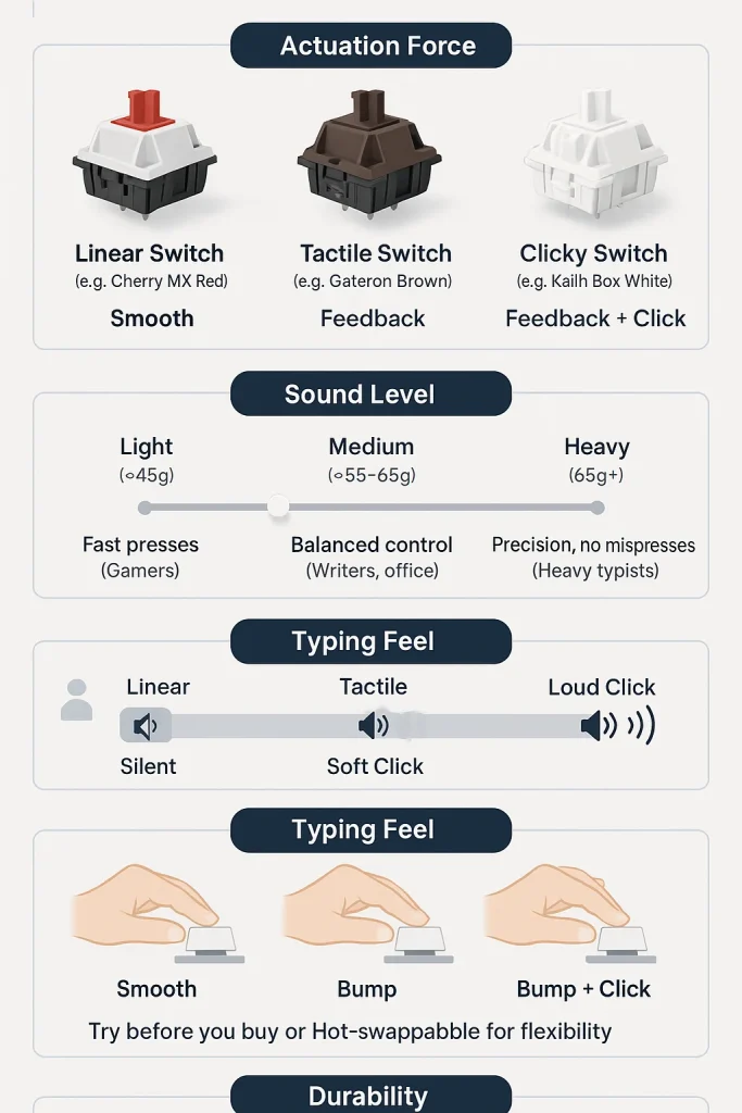Infographic showing how to choose mechanical keyboard switches, comparing linear, tactile, and clicky types with actuation force, sound level, typing feel, durability, and keyboard compatibility – ideal for gamers, typists, and beginners