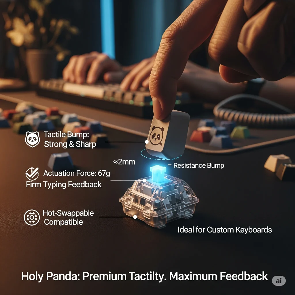 Holy Panda tactile mechanical keyboard switch with a strong, sharp bump and 67g actuation force, designed for precision and heavy typists – premium build quality, hot-swappable compatible, ideal for custom keyboard enthusiasts
