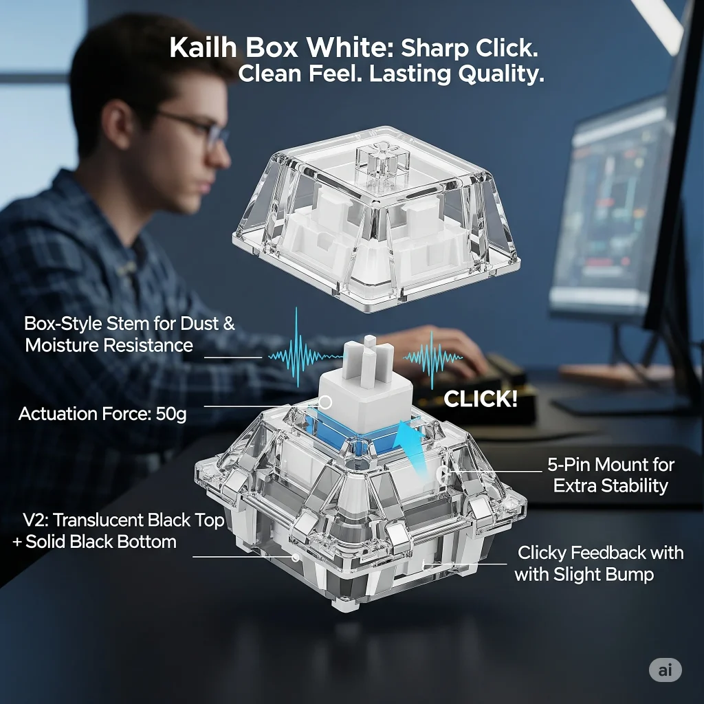Clicky mechanical keyboard switch showing loud click feedback with Cherry MX Blue, Razer Green, Kailh Box White, and Gateron Blue switches – perfect for users who enjoy tactile feel with audible sound, though not ideal for quiet spaces