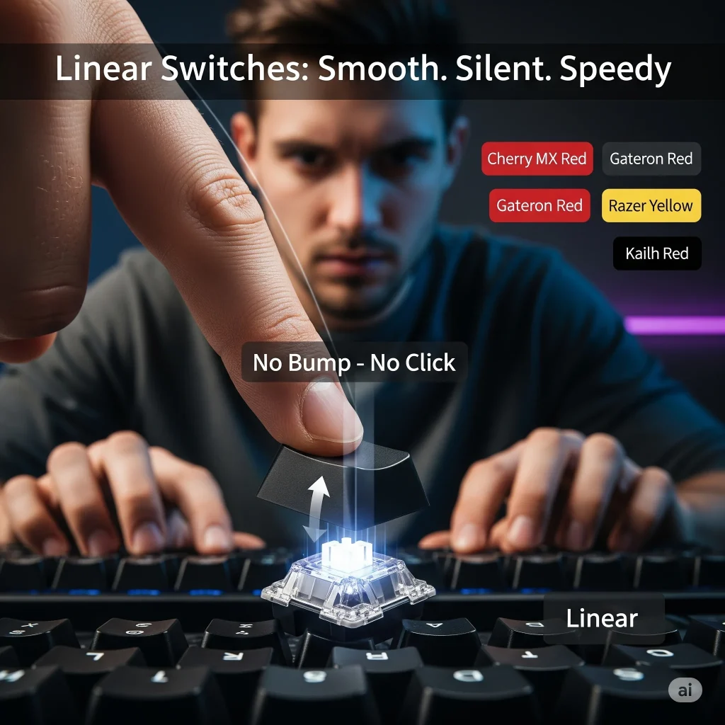 Linear mechanical keyboard switch close-up, showing smooth key press. Ideal for gaming, features Cherry MX Red, Gateron Red, Razer Yellow, Kailh Red switches. Fast, silent, responsive