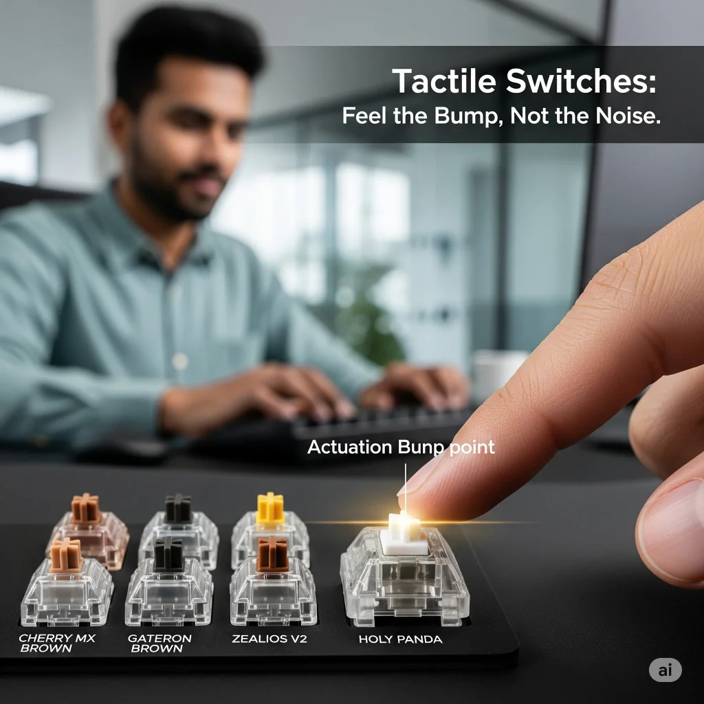Tactile mechanical keyboard switch being pressed with a visible bump feedback, featuring Cherry MX Brown, Gateron Brown, Zealios V2, and Holy Panda switches – ideal for writers and office users who want comfort and quiet precision